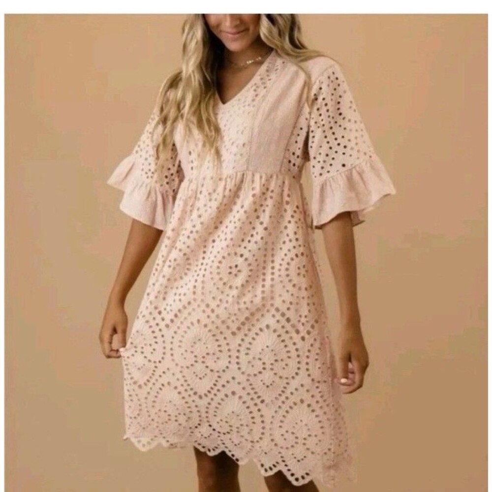 ROOLEE Womens Large Blush Pink Eyelet Lace Dress Falling for You Cotton